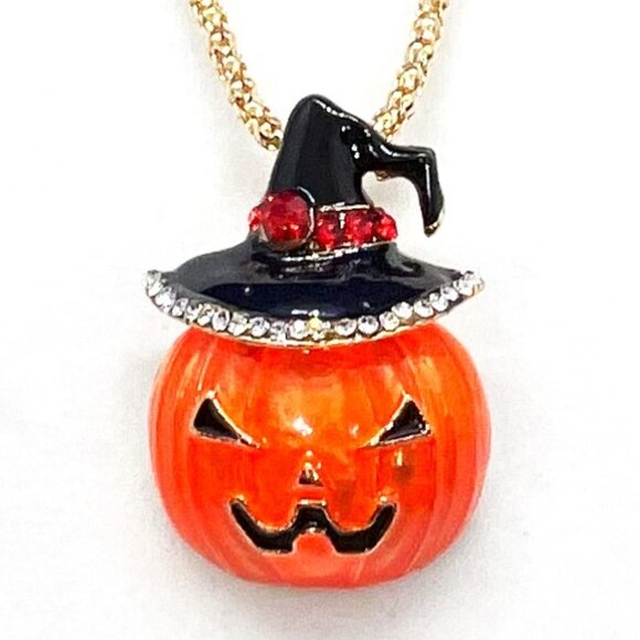 Orange PUMPKIN with Black Hat Halloween Pendant Necklace - Picture 1 of 1